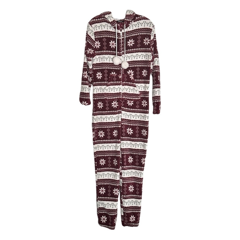 🌺 Boohoo Fleece Burgundy Fair Isle One Piece Pajamas Size 4 Winter Snowflake